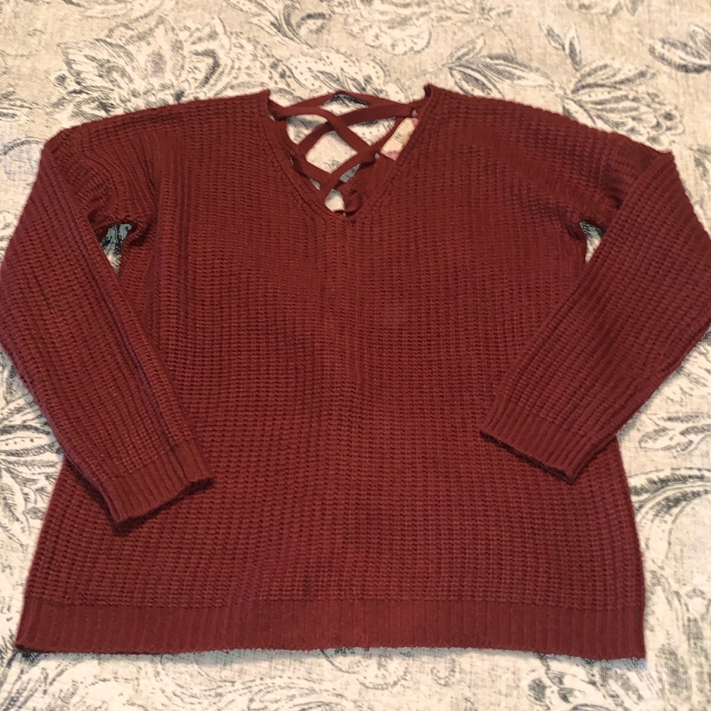 EUC Pink Rose lace up back sweater